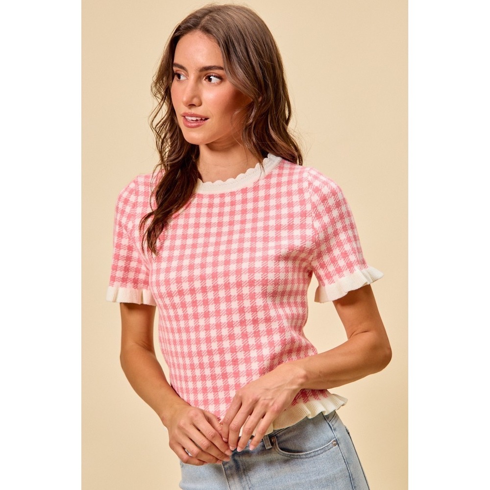 SO ME Gingham Knit Ruffled Short Sleeves Sweater Top - Pink - XL - Picture 2 of 12